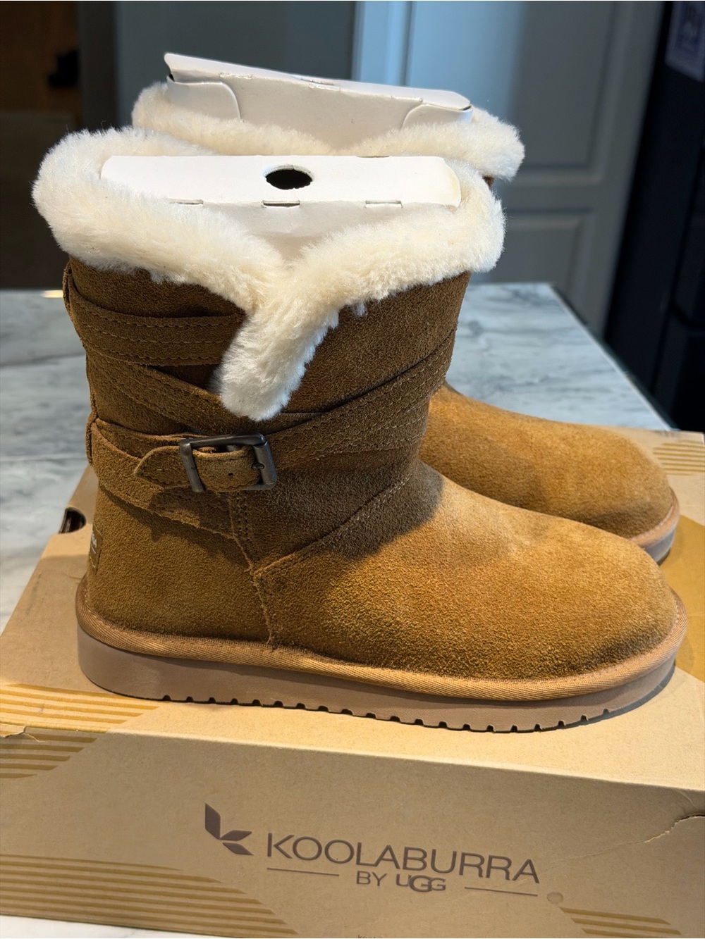 Koolaburra Tan Suede Shearling-Lined Buckle Boots